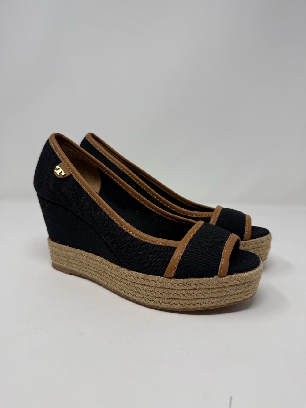 Tory Burch Black Canvas and Brown Trim Espadrille Wedge Peep Toe